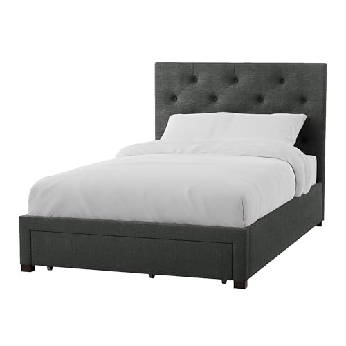 Sya Full Size Bed w Tufted Headboard, Underbed Storage, Dark Gray