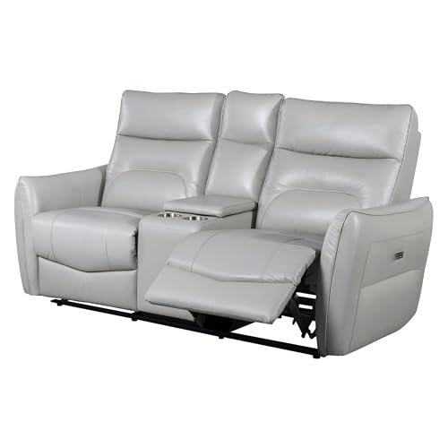Teren Power Recliner Loveseat, 63 Inch, Gray Grain Leather, Cuphoders