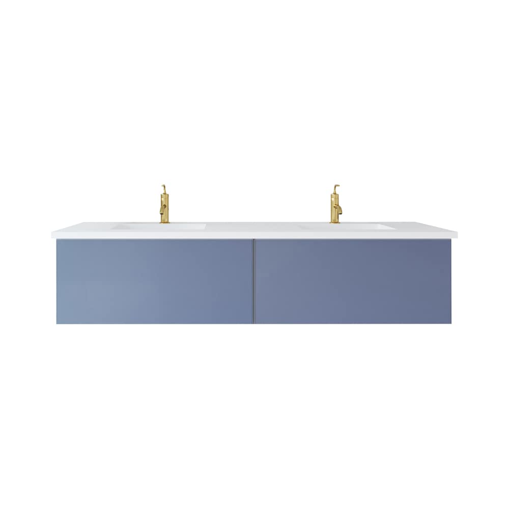 Vitri 72 - Nautical Blue Double Sink Cabinet + Matte White VIVA Stone Solid Surface Double Sink Countertop