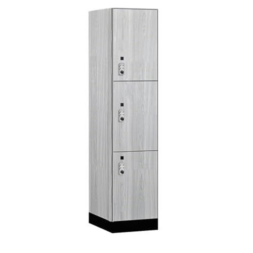 Salsbury 18 Wide Premier Wood Locker-Triple Tier-1 Wide-6 Feet High-21” Deep-Silver Teak-Silver Resettable Combination Locks