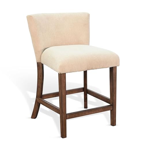 Giby Counter Stool Chair Set of 2, Beige, Dark Brown Solid Mahogany