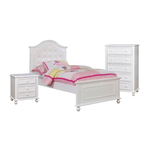 Aure 3 Pc Full Size Kids Bedroom Set, Curved Tufted Headboard, White