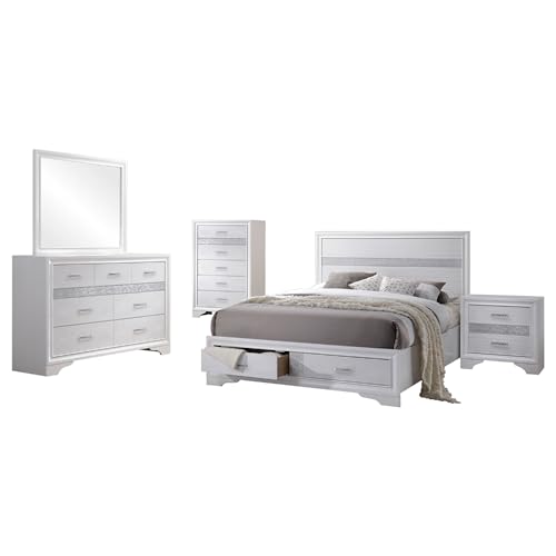 Vino White 5pc California King Bed Set with Dressers, Glitter Accent