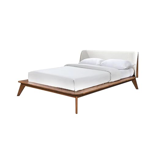 Linzy King Size Bed w Beige Boucle Winged Headboard, Walnut Brown