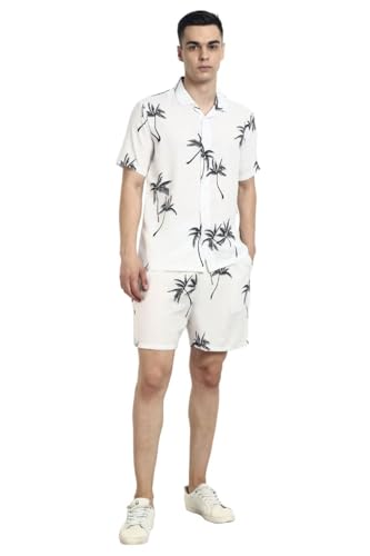 DHRUVI TRENDZ Men's Rayon Co-Ord Set Regular Fit Night Dress Pajama Set (Dt-Ms-6100&Sh172_White_L, Large)