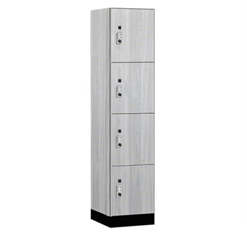 Salsbury 18 Wide Premier Wood Locker-Four Tier-1 Wide-6 Feet High-18” Deep-Silver Teak-Silver Resettable Combination Locks