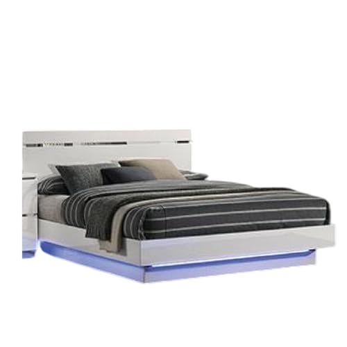 Pero King Size Bed w Silver Trimmed Headboard, LED Footboard, White