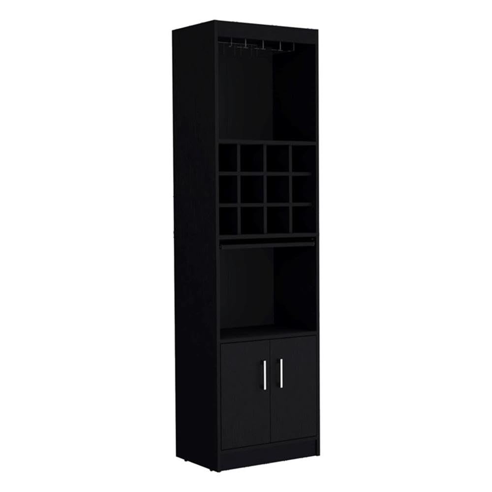 Kevil 71-Inch Tall Bar Cabinet 5-Tier Modern Bar Cabinet with Glass Holder Stemware Rack, Wine Cabinet, Liquor Cabinet, 12 Bottle Cubbies, 5 Shelves, and Pull Out Tray Black