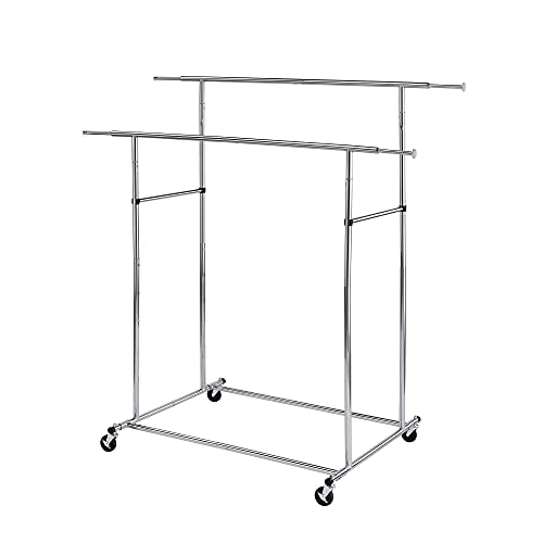 Benjara Dual Bar Tubular Metal Frame Garment Rack With Casters, Chrome