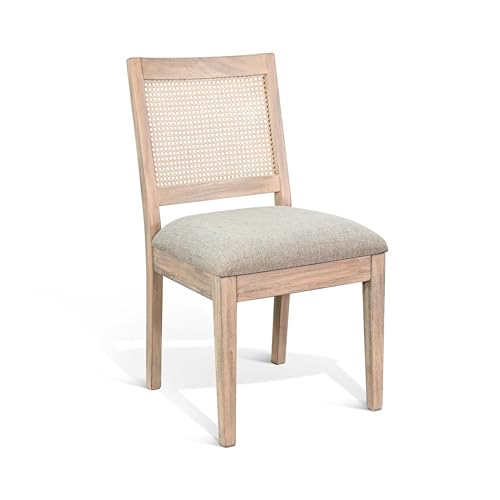 Zemi Dining Chair Set of 2, Rattan, Beige, Natural Brown Solid Wood