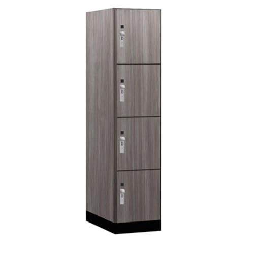 Salsbury 18 Wide Premier Wood Locker-Four Tier-1 Wide-6 Feet High-24” Deep-Skyline Walnut-Silver Hasps