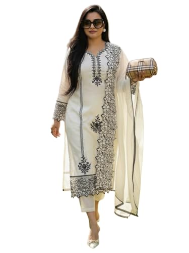 Gosriki WomenS Rayon Viscose Straight Embroidery Kurta With Pant & Dupatta (Trp Off-White-Vks01-Gs_5Xl_White_Xxxxx-Large)