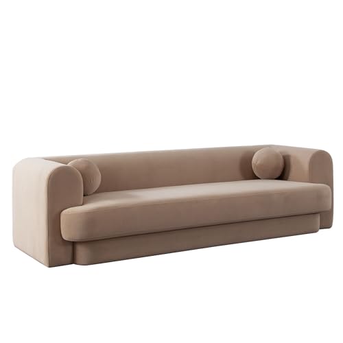 Foxo Retro Sofa, 2 Accent Pillows, Padded Camel Brown Velvet, 99 Inch