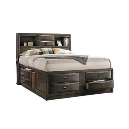 Simo Queen Bed, Bookcase Headboard, Storage Drawers, Gray