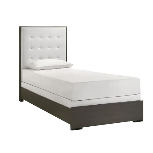 Hez Twin Size Bed, Tufted Cream White Headboard Upholstery, Dark Brown