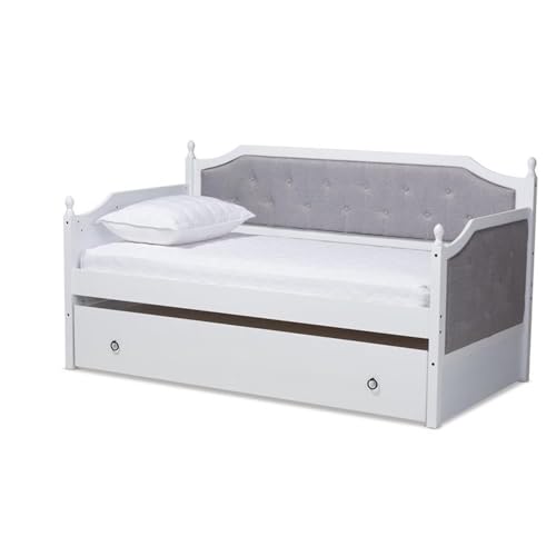 Baxton Studio Mara Classic And Traditional Grey Fabric Upholstered White Finished Wood Twin Size Daybed With Trundle