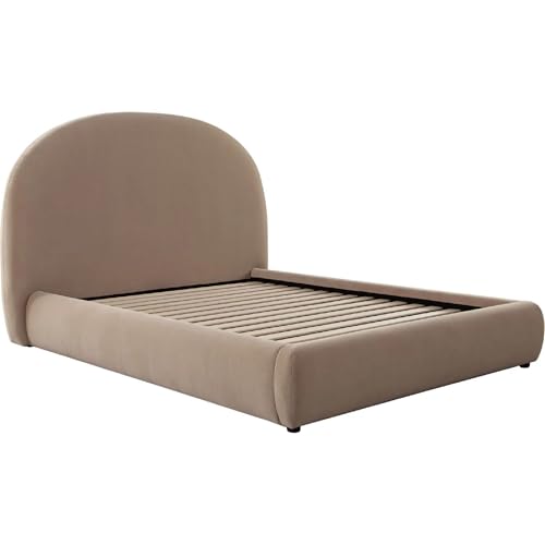 Feny Queen Size Bed w Arch Headboard, Camel Brown Velvet Upholstery
