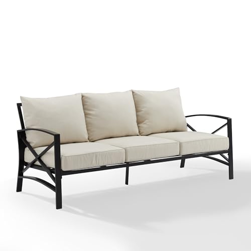 Casafoyer Furniture Kaplan Outdoor Sofa with Steel Frame, 3-Person Patio Couch for Porch, Deck, Backyard, Oiled Bronze with Oatmeal Cushions
