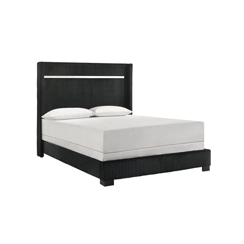 Geny Queen Size Bed w Channel Tufted Headboard, Silver Trim, Black