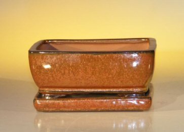 Aztec Orange Ceramic Bonsai Pot - Rectangle<br>With Attached Humidity/Drip tray<br>6.37 x 4.75 x 2.625