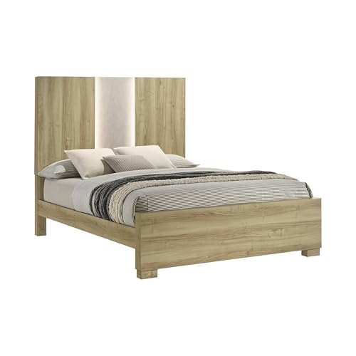 Amey Queen Size Bed with Built In Light, White Trim, Brown Driftwood