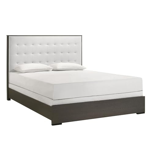 Hez King Size Bed, Tufted Cream White Headboard Upholstery, Dark Brown