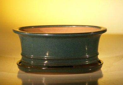 Dark Green Ceramic Bonsai Pot - Oval<br>Professional Series with Attached Humidity/Drip Tray<br><i>10.75 x 8.5 x 4.125</i>