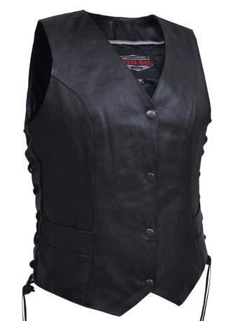 UNIK Ladies Classic Motorcycle Premium Leather Traditional Biker Vest with Side Laces ,Black ,3XL