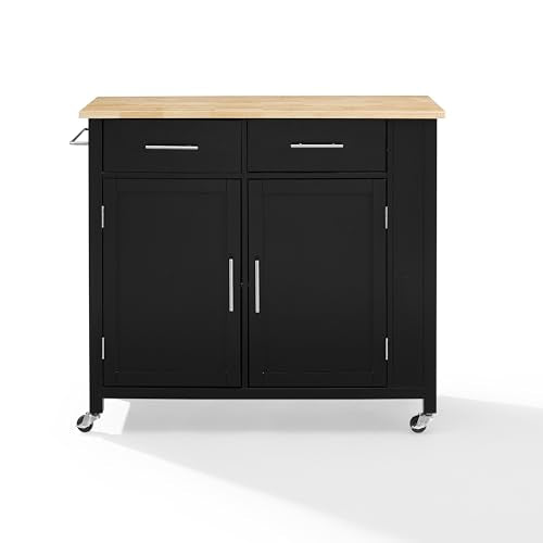 Casafoyer Furniture Savannah Wood Top Drop Leaf Rolling Kitchen Island Cart with Spice Rack and Shelves, Black