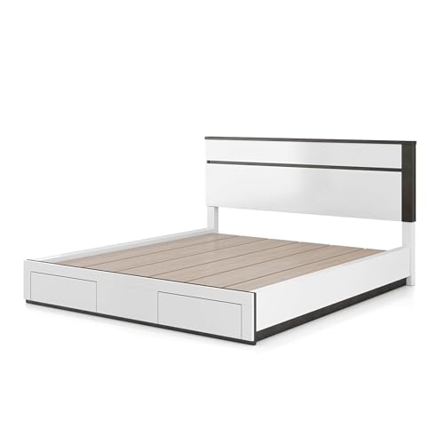 Kena Queen Size Bed, White Gray Panel Headboard, Low Profile Footboard