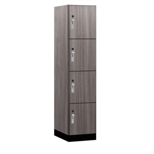 Salsbury 18 Wide Premier Wood Locker-Four Tier-1 Wide-6 Feet High-21” Deep-Skyline Walnut-Silver Hasps