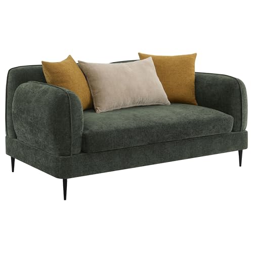 Dija Loveseat, 3 Accent Throw Pillows, 64 Inch, Dark Green Chenille