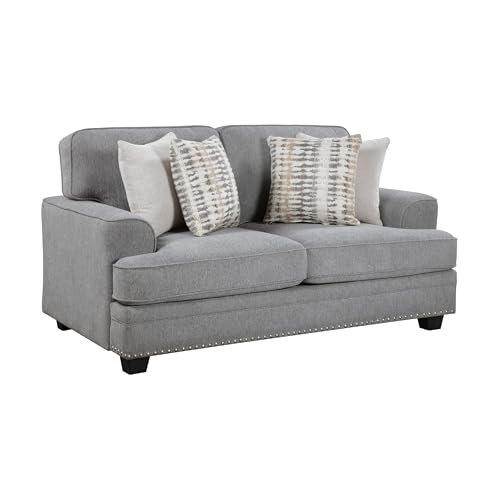 Brady Loveseat with 4 Pillows, Gray Chenille, Nailhead Trim, 66 Inch