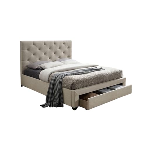 Sya King Size Bed w Button Tufted Upholstery, Underbed Storage, Beige