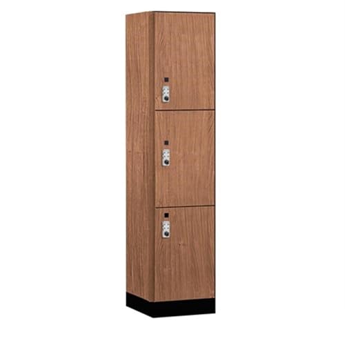 Salsbury 18 Wide Premier Wood Locker-Triple Tier-1 Wide-6 Feet High-18” Deep-Red Oak-Silver Resettable Combination Locks