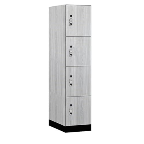 Salsbury 18 Wide Premier Wood Locker-Four Tier-1 Wide-6 Feet High-24” Deep-Silver Teak-Silver Resettable Combination Locks