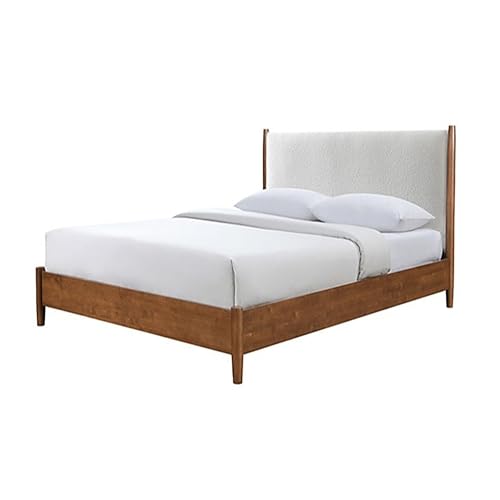 Carry King Size Bed w Beige Boucle Upholstered Headboard, Walnut Brown