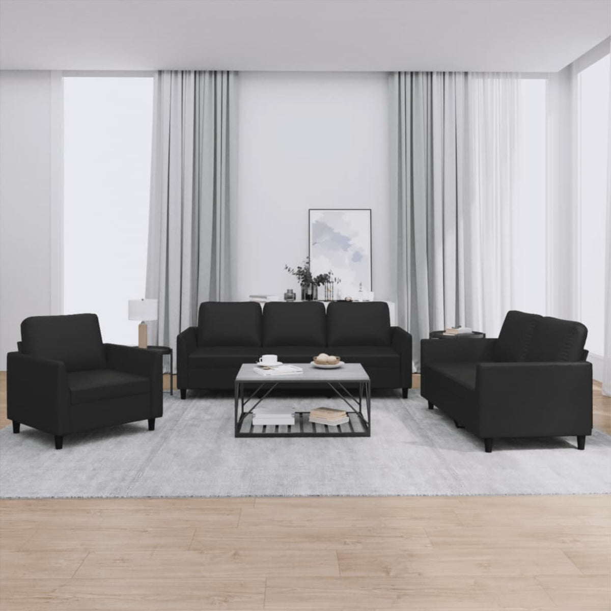Vidaxl 3 Piece Sofa Set With Cushions Black Faux Leather