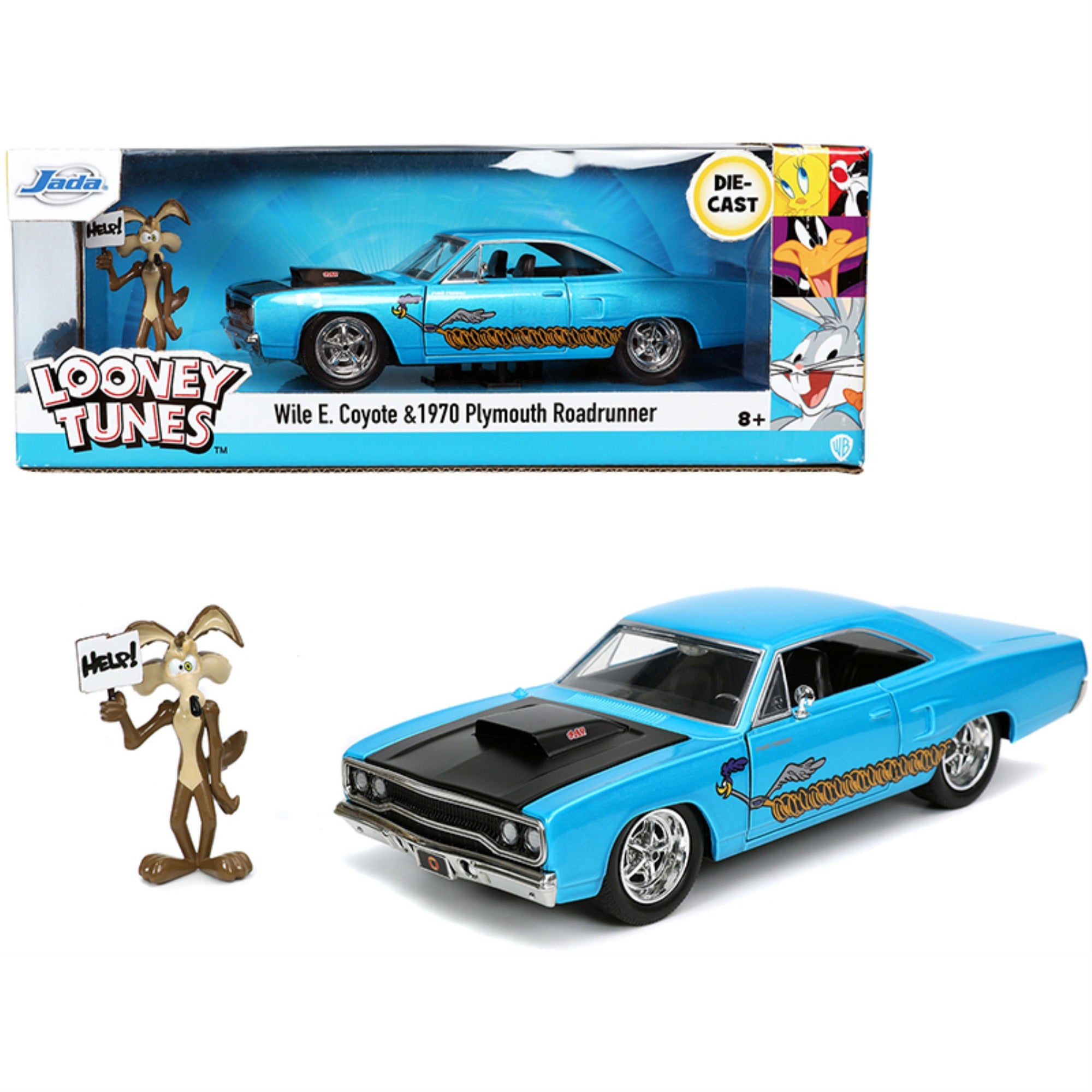 1970 Plymouth 440-6Bbl Roadrunner Light Blue Metallic With Black Hood And Wile E. Coyote Diecast Figurine Looney Tunes 1/24