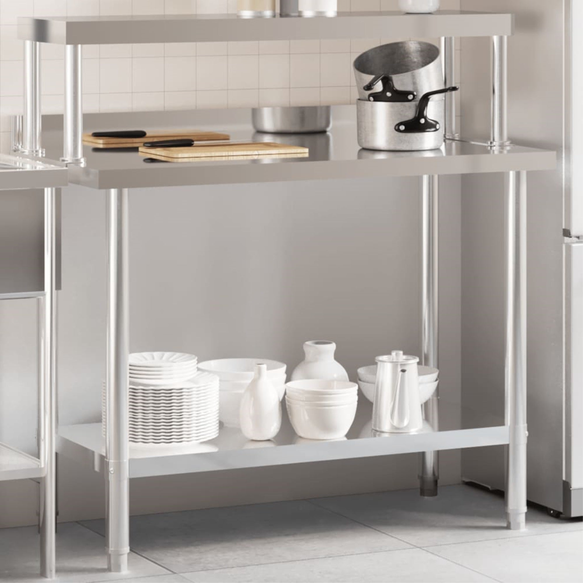 vidaXL Kitchen Work Table with Overshelf 43.3″x21.7″x47.2″ Stainless Steel