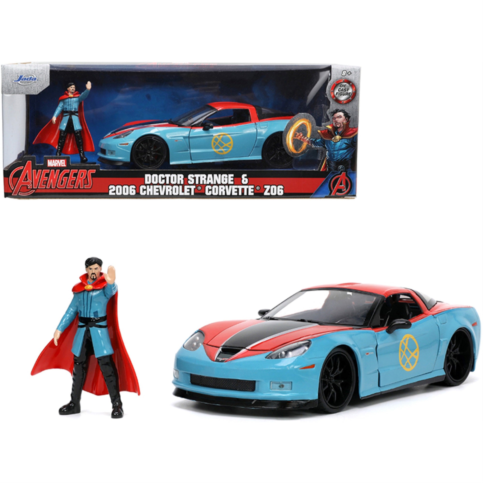 2006 Chevrolet Corvette Z06 Red And Blue With Doctor Strange Diecast Figurine 'Avengers' 'Marvel' Series 'Hollywood Rides' 1/24 Diecast Model Car By Jada