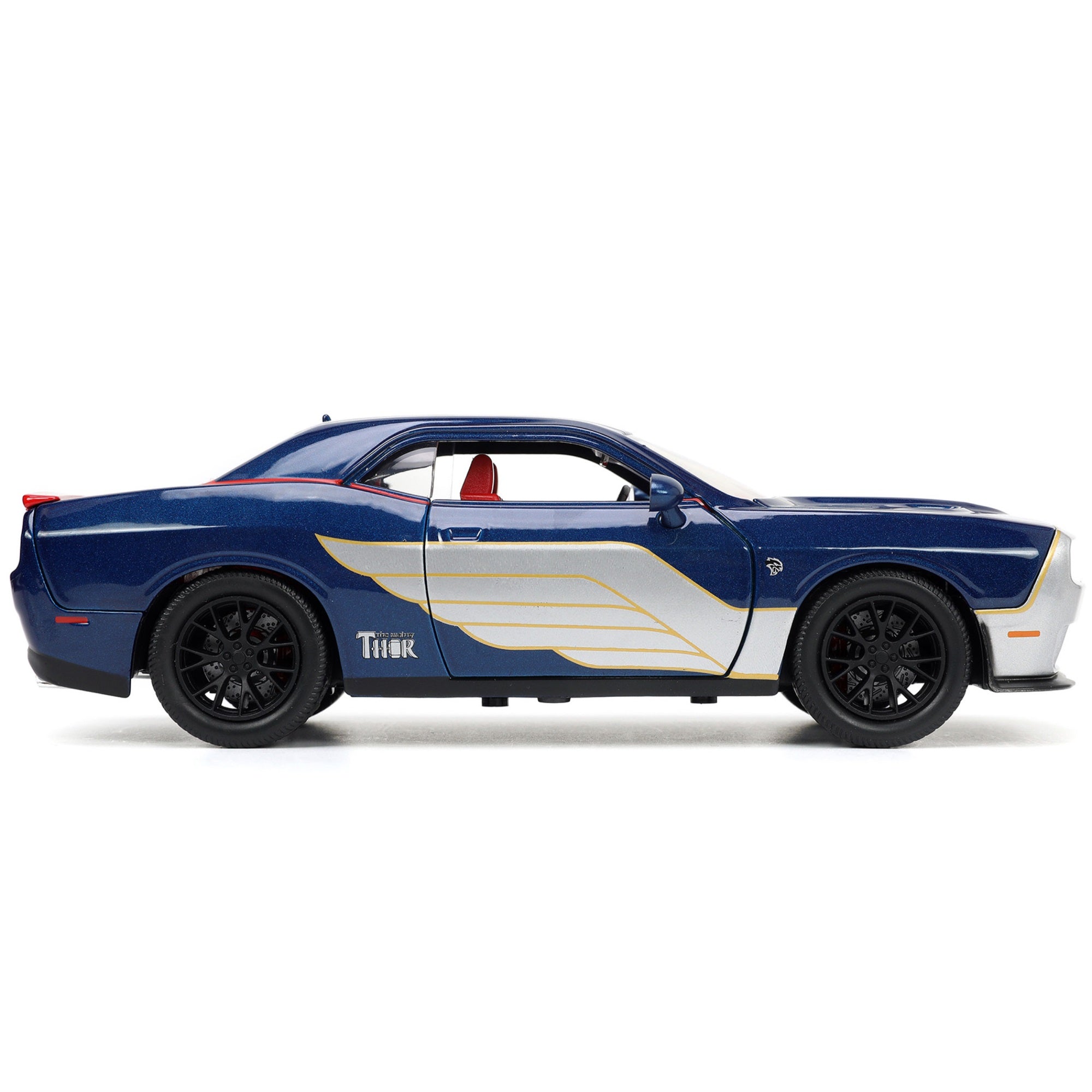 2015 Dodge Challenger Srt Hellcat Dark Blue With Graphics And Red Interior And Thor Diecast Figure 'The Mighty Thor' 'Marvel' Series 1/24 Diecast Model Car By Jada