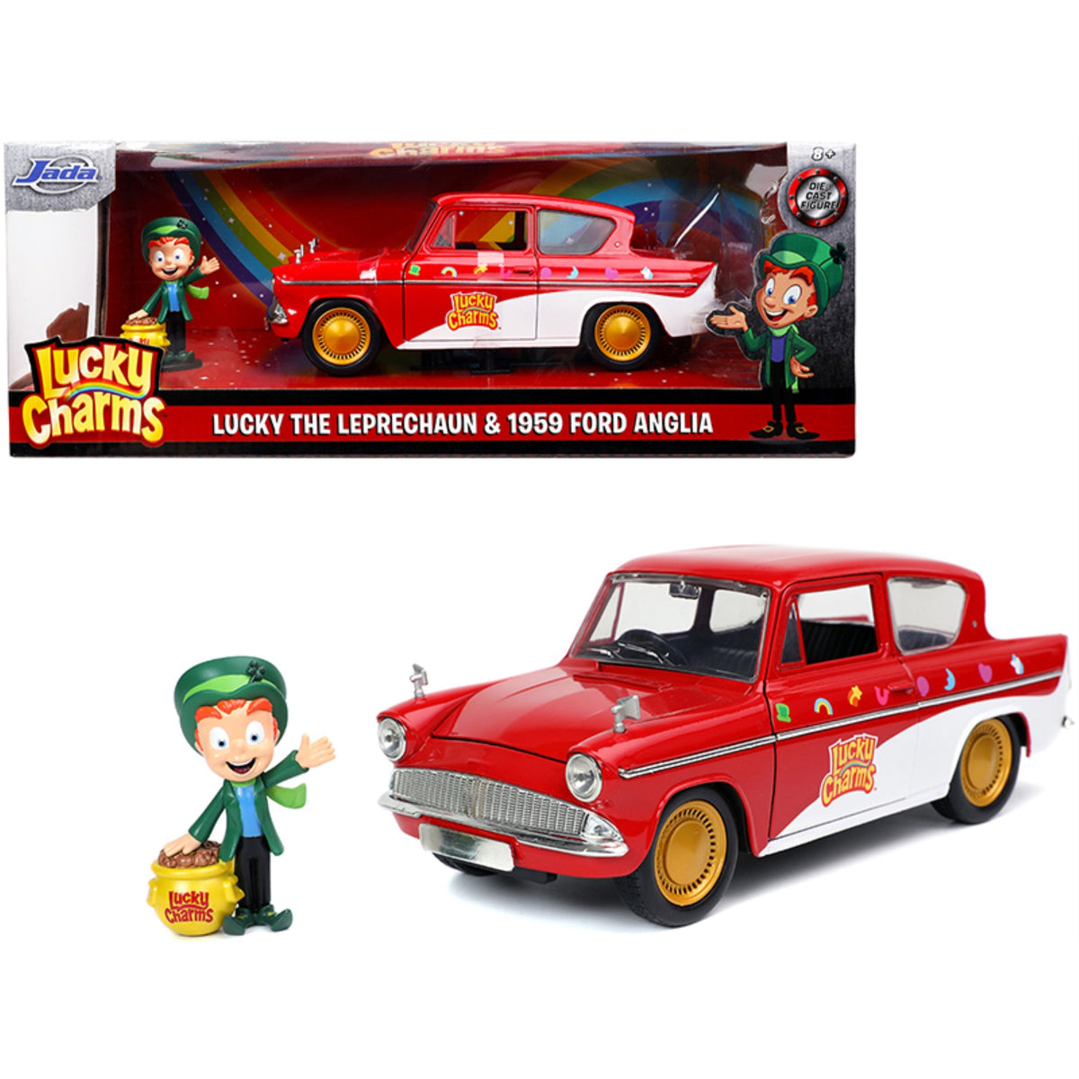 1959 Ford Anglia Red And White With Lucky The Leprechaun Diecast Figurine 'Lucky Charms' 1/24 Diecast Model Car By Jada