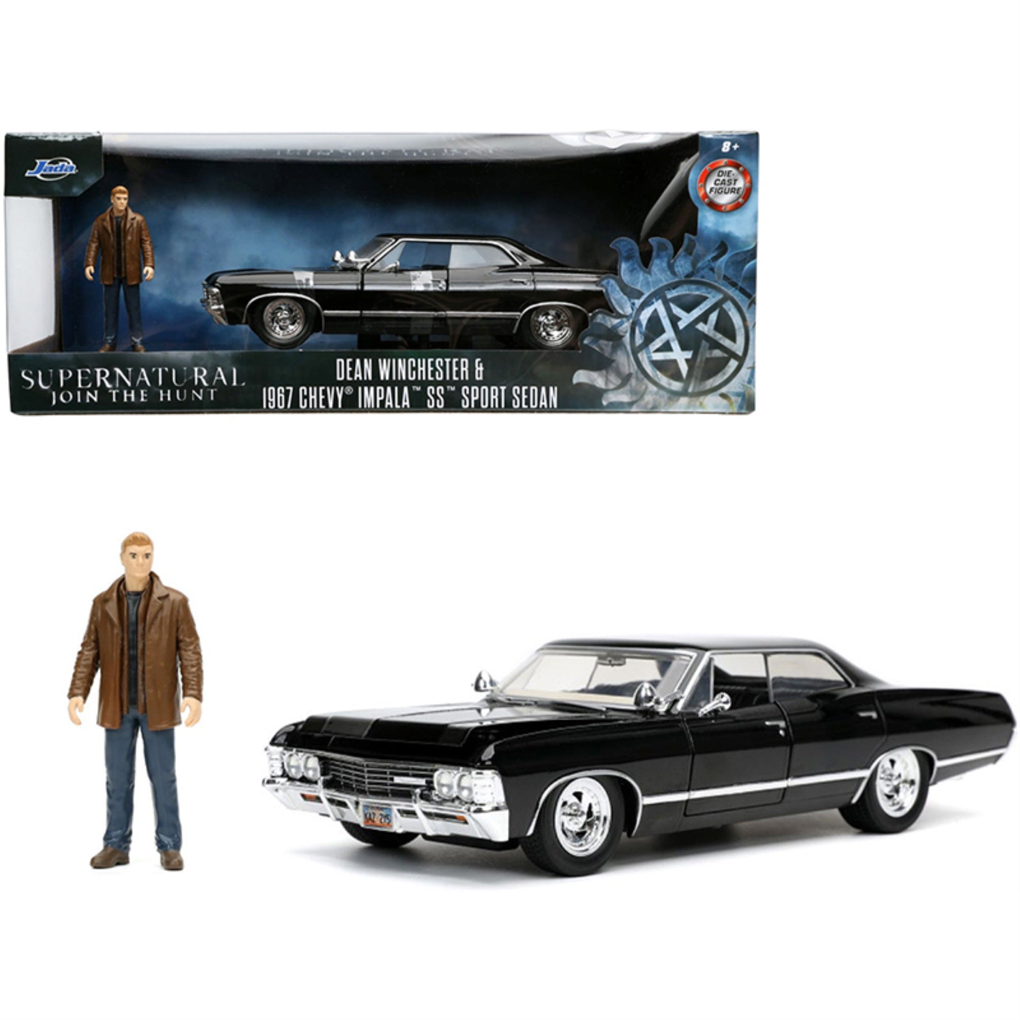 1967 Chevrolet Impala SS Sport Sedan Black and Dean Winchester Diecast Figurine “Supernatural” (2005-2020) TV Series “Hollywood Rides” Series 1/24 Diecast Model Car by Jada