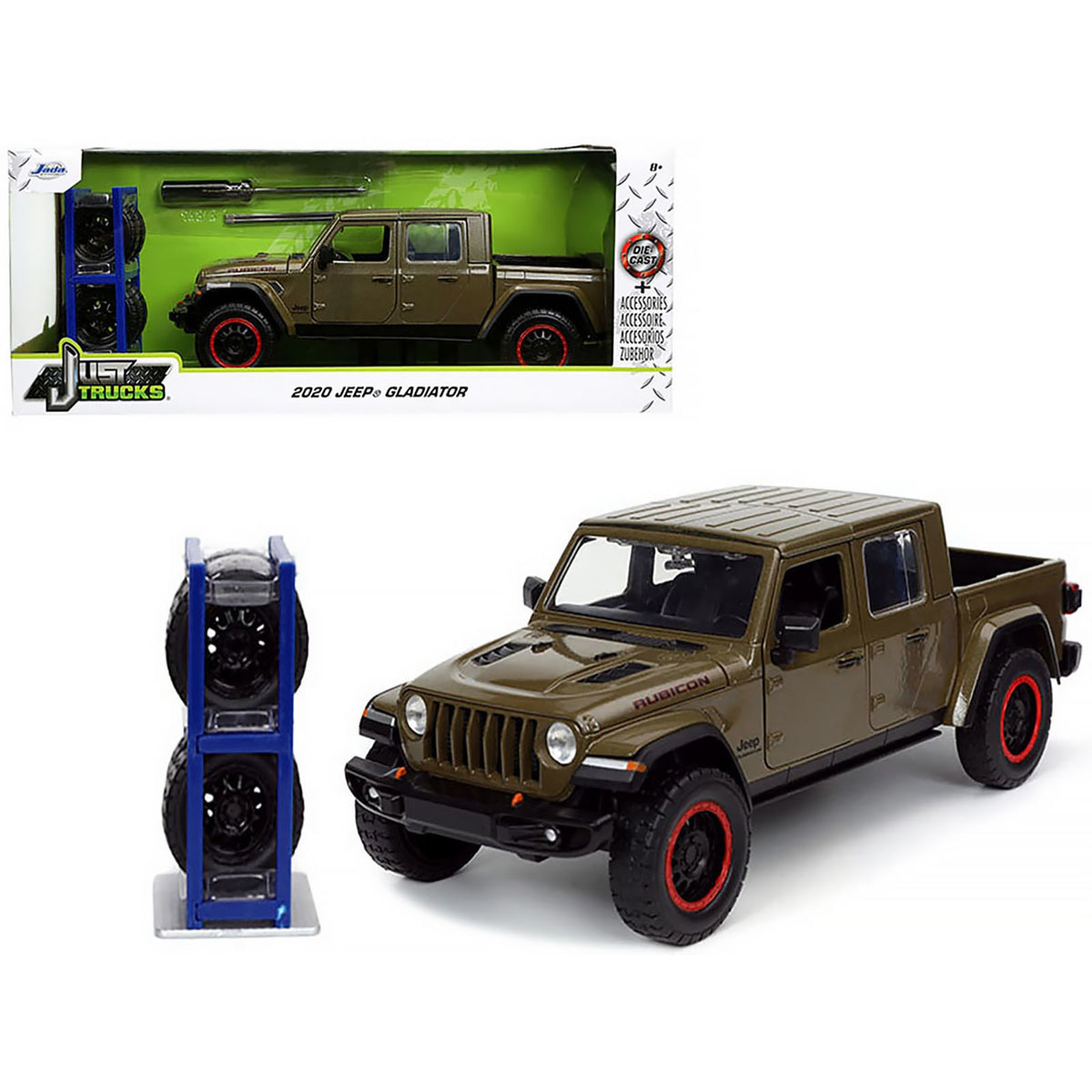 2020 Jeep Gladiator Rubicon Pickup Truck Dark Green Metallic With Extra Wheels 'Just Trucks' Series 1/24 Diecast Model Car By Jada