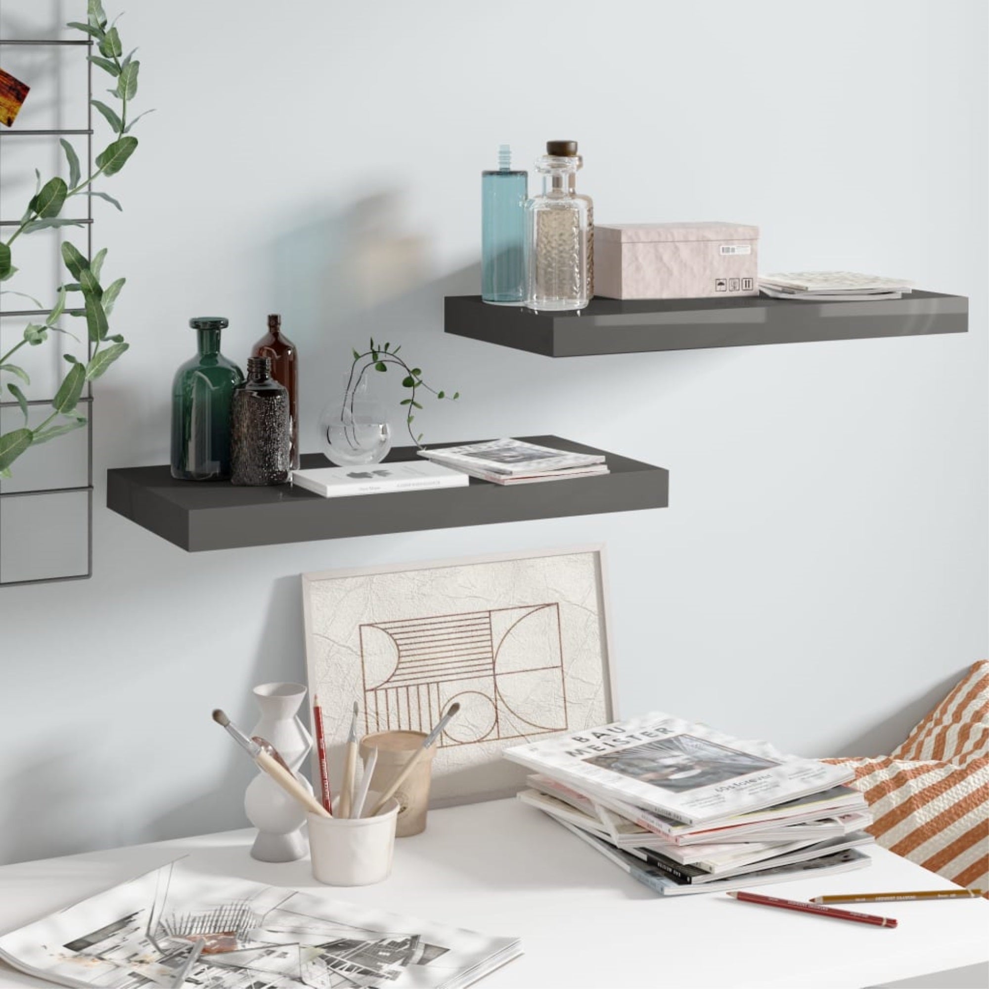 Vidaxl Floating Wall Shelves 2 Pcs High Gloss Gray 19.7'X9.1'X1.5' Mdf