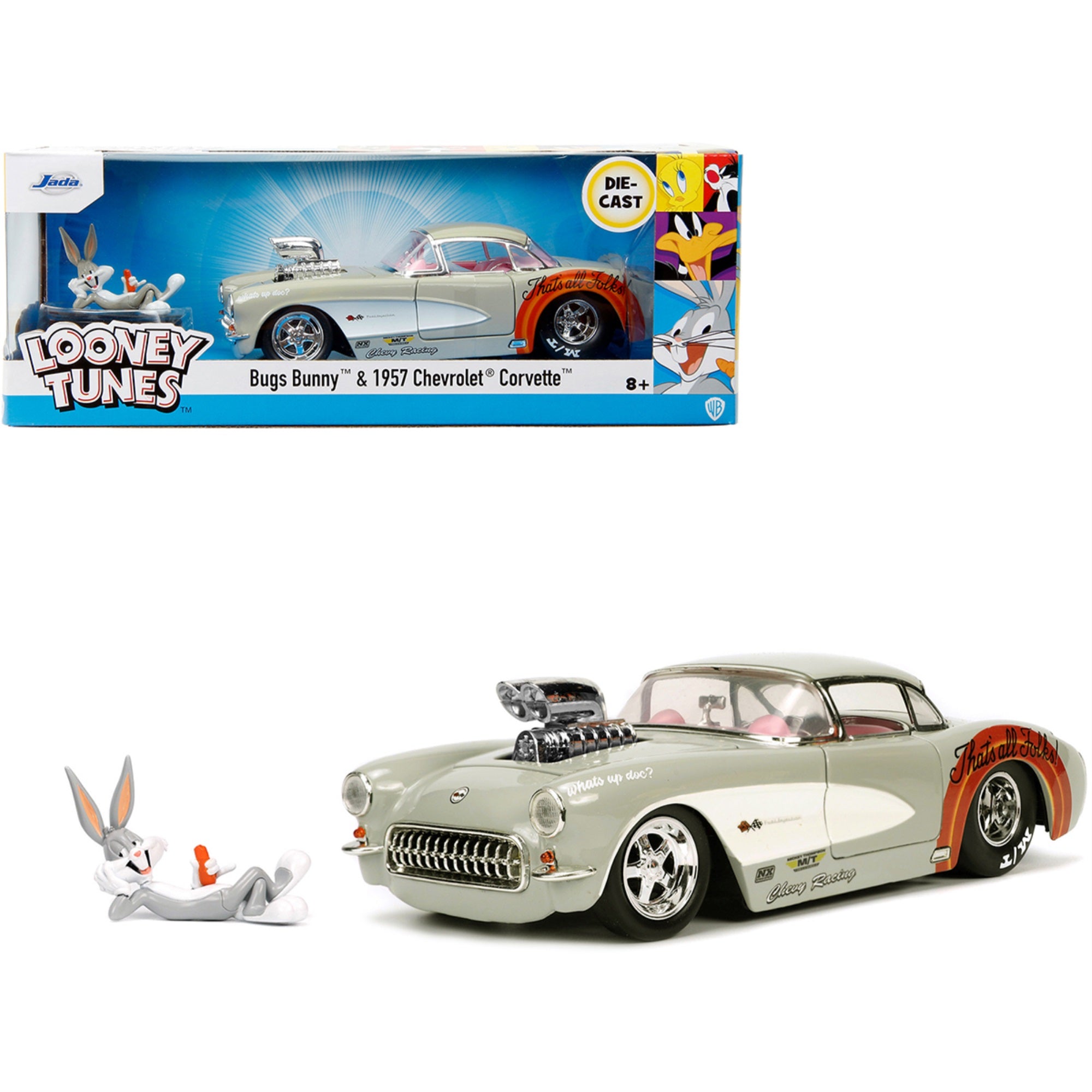 1957 Chevrolet Corvette Beige With Pink Interior With Bugs Bunny Figure 'Looney Tunes' 'Hollywood Rides' Series 1/24 Diecast Model Car By Jada