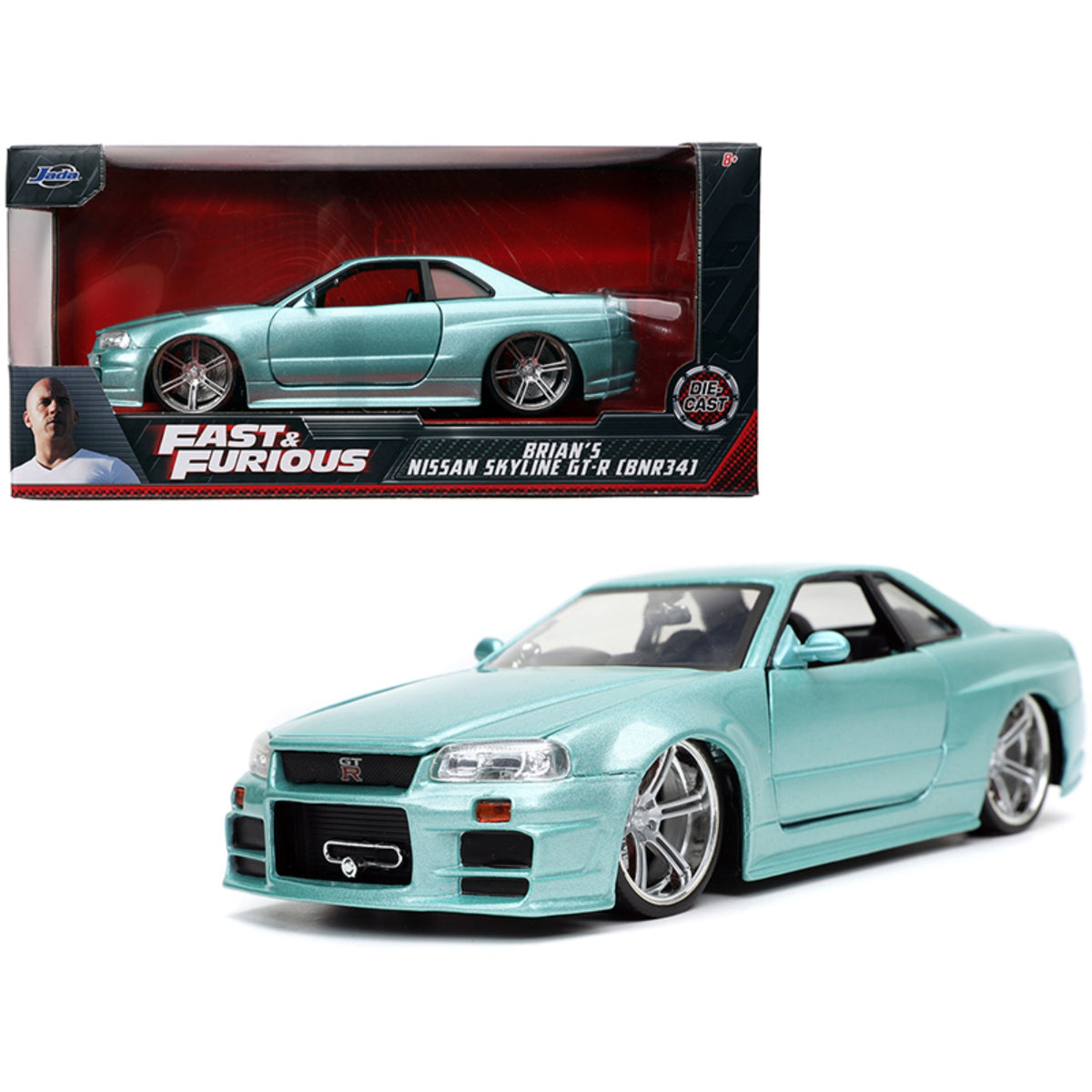 Brian'S Nissan Skyline Gt-R (Bnr34) Rhd (Right Hand Drive) Turquoise Metallic 'Fast & Furious' Movie 1/24 Diecast Model Car By Jada