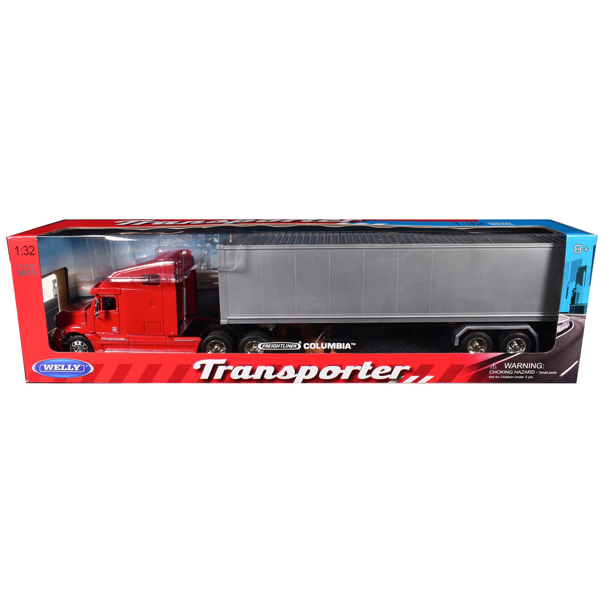 Freightliner Columbia Truck Red With Gray Container 1/32 Diecast Model By Welly
