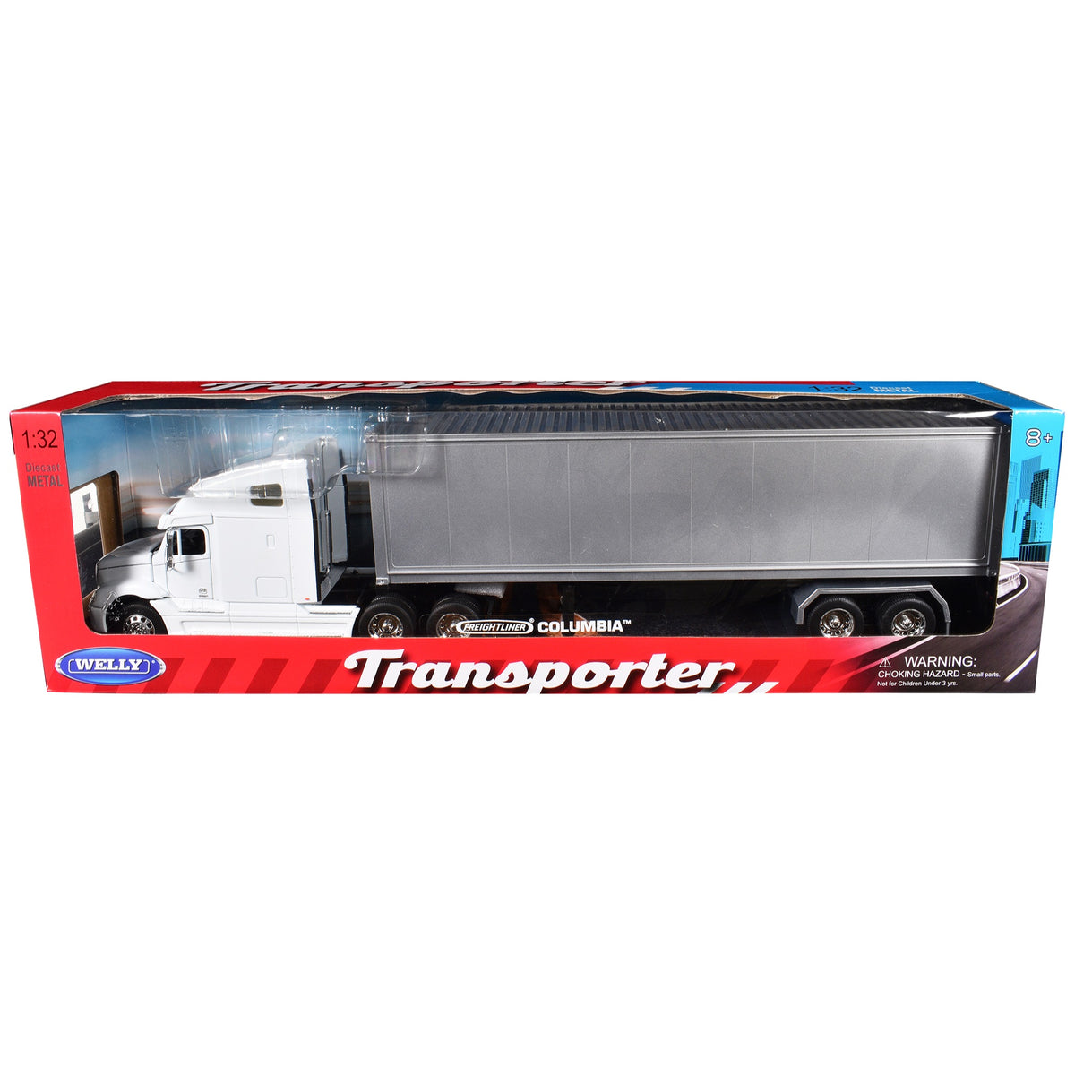 Freightliner Columbia Truck White With Gray Container 1/32 Diecast Model By Welly